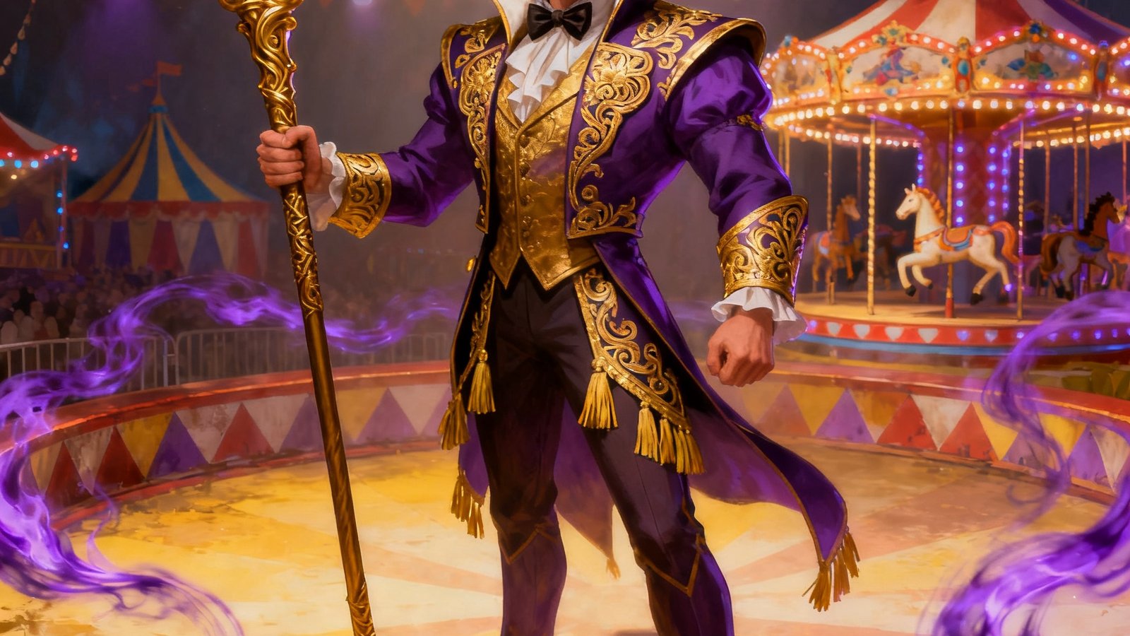 DOTA2新英雄Ringmaster的官方原画特写，英雄手持华丽权杖站在马戏团风格的舞台上，周围环绕着神秘的紫色光效