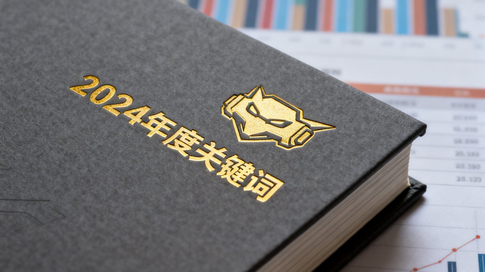 一份厚重的电竞产业年度报告封面特写，封面上印有2024年度关键词和金色烫印的电竞图标，背景是数据图表的虚化效果