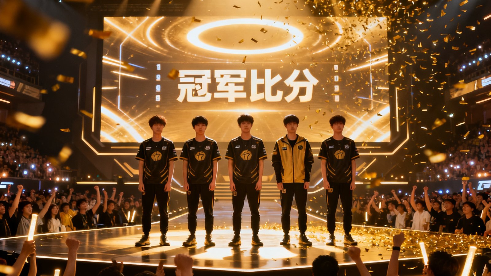五位电竞选手并肩站立在总决赛舞台上，聚光灯从上方洒落，身后巨型LED屏幕显示着冠军比分，金色纸屑漫天飘落，台下数千名观众起立欢呼，场面震撼热烈